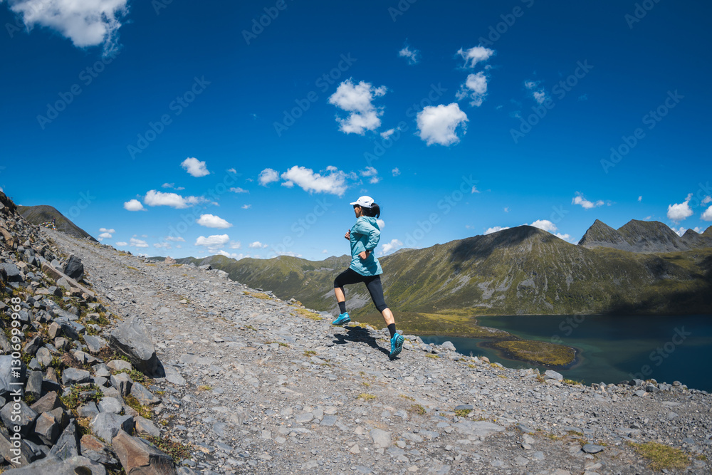 Obraz premium Fitness woman runner running at beautiful mountain top