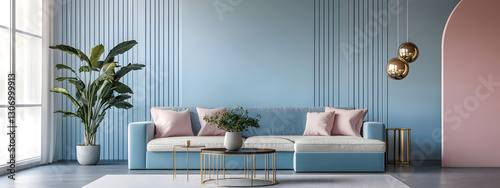 A blue sofa, pink walls, and pastel colors, with gold accents
