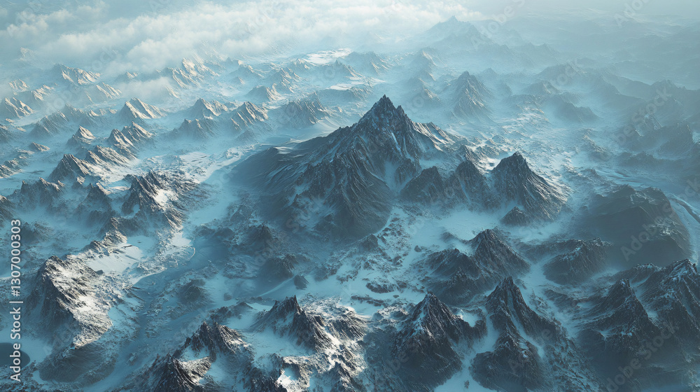 Aerial view snowy mountain range misty peaks winter landscape vast rugged terrain dramatic cold environment breathtaking nature high altitude remote wilderness pristine scenery