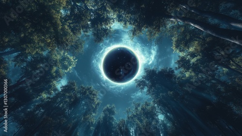 Ethereal and breathtaking visual of a solar eclipse occurring over a forest canopy. The Moon covers the Sun, creating a striking corona of light forest below is bathed in the dim light of totality