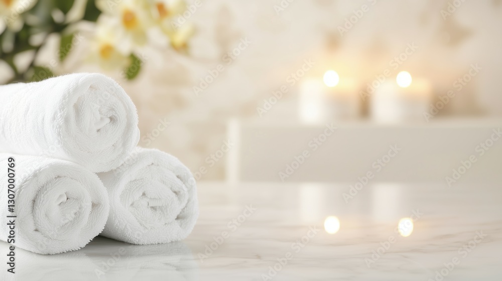 Rolled white towels on a marble surface with candles and flowers, creating a serene spa and relaxation atmosphere Rolled white towels on a marble surface with candles and flowers, creating a serene spa and relaxation atmosphere