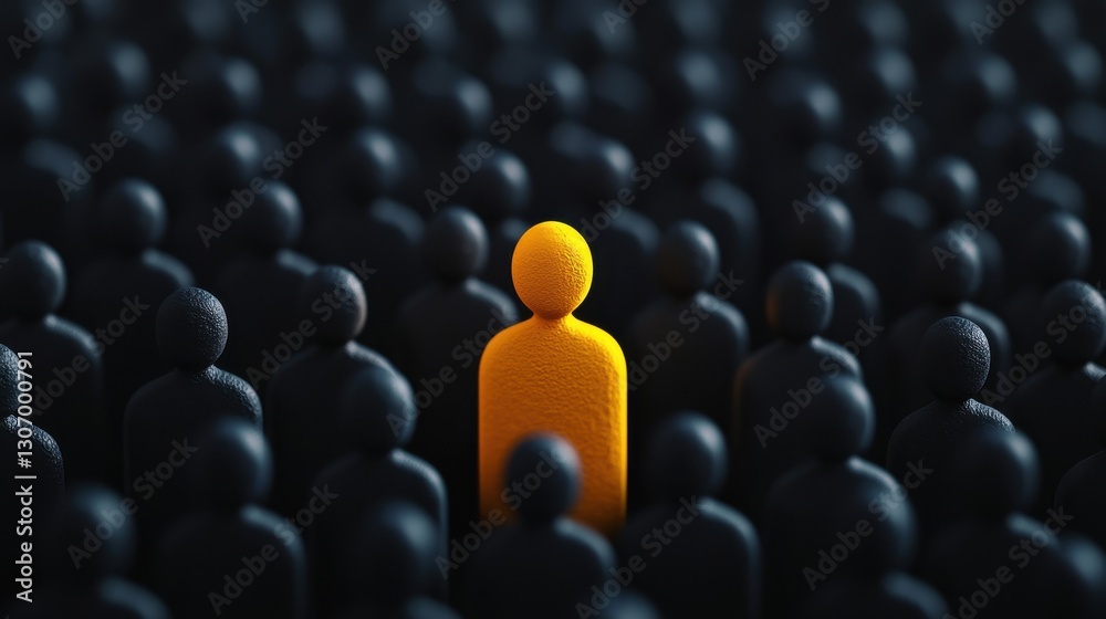 Obraz premium Yellow figure stands out among black figures in a concept representing individuality and uniqueness in a crowd