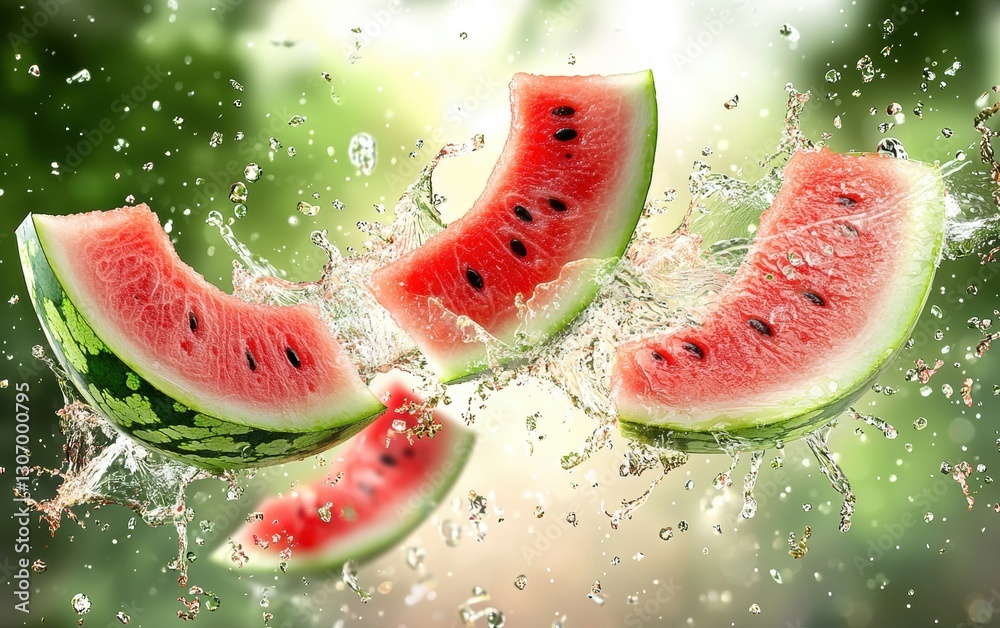 Flying watermelon slices with refreshing juice splashes and comic explosion background with motion effects Flying watermelon slices with refreshing juice splashes and comic explosion background with motion effects