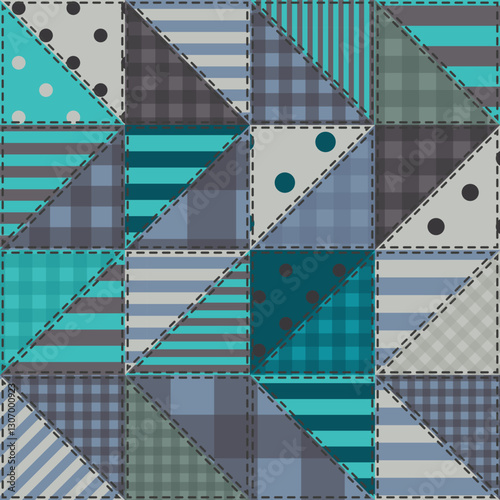 Creative patchwork background with different patterns- Vector. Turquoise, blue and gray colors
