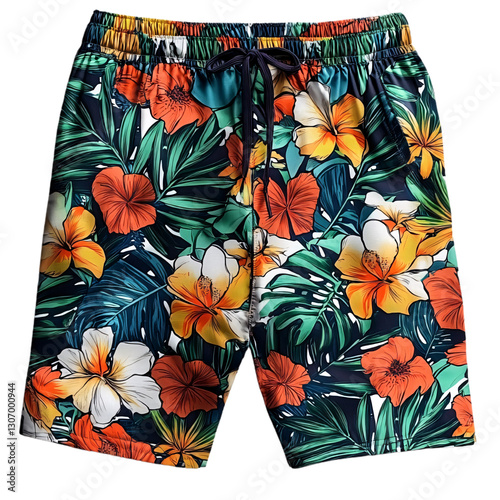 Vibrant floral swim shorts beach apparel tropical paradise close-up summer vibes