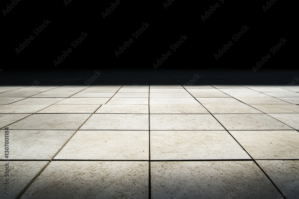 Square tile flooring in front of a deep shadowy backdrop
