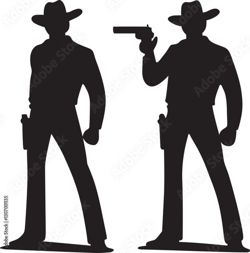 Cowboy gun character vector, A cowboy is pointing a gun at another cowboy vector design element.