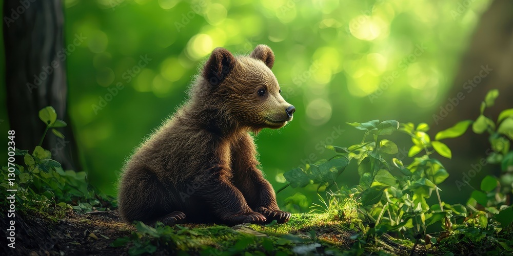 Fototapeta premium Gentle bear cub exploring the forest, dreamy green background