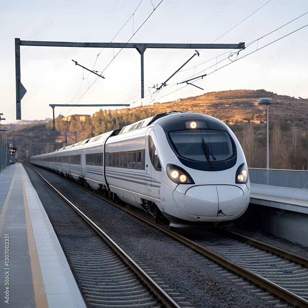 Fototapeta premium High-speed train arriving station, rural landscape