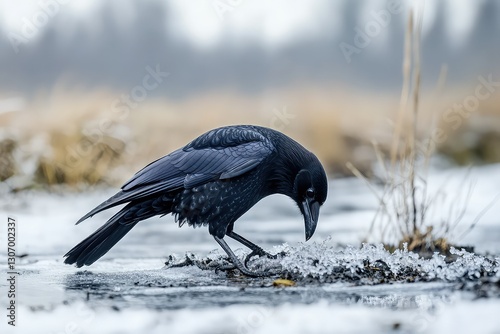 A curious crow pecking at frozen ground, hoping to find a meal.