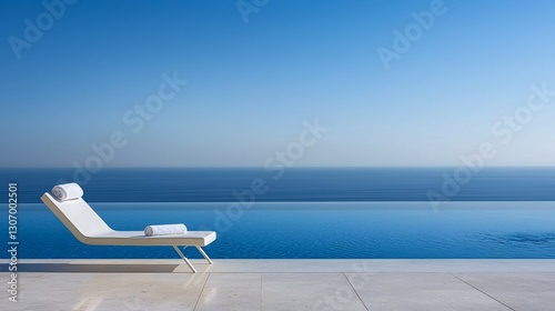 A white lounge chair sits near a beautiful blue infinity pool