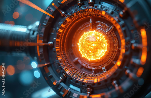 Close-up on hypothetical fusion reactor with tiny sun, surrounded by complex tech elements. Clean energy, plasma generation. Innovation in renewable stellar science, advanced light technology.