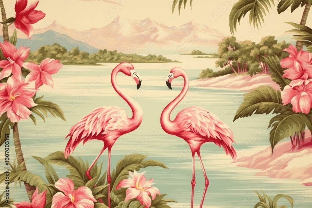 Obraz premium Hawaiian flamingo pattern bird pink.