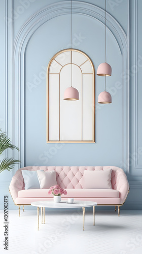 A blue sofa, pink walls, and pastel colors, with gold accents
