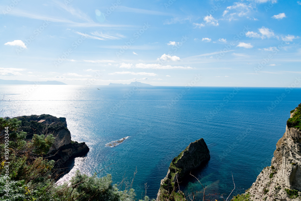 Panorama of Naples, view of the port in the Gulf of Naples and Mount Vesuvius. The province of Campania. Italy.