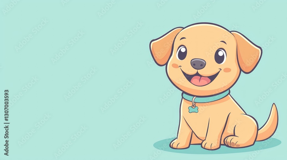 Fototapeta premium A happy cartoon puppy wearing a blue collar sits smiling