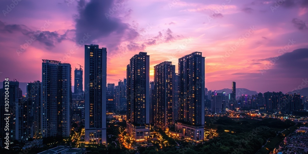 Obraz premium Grand high-rise complex at sunset, elegant architectural beauty