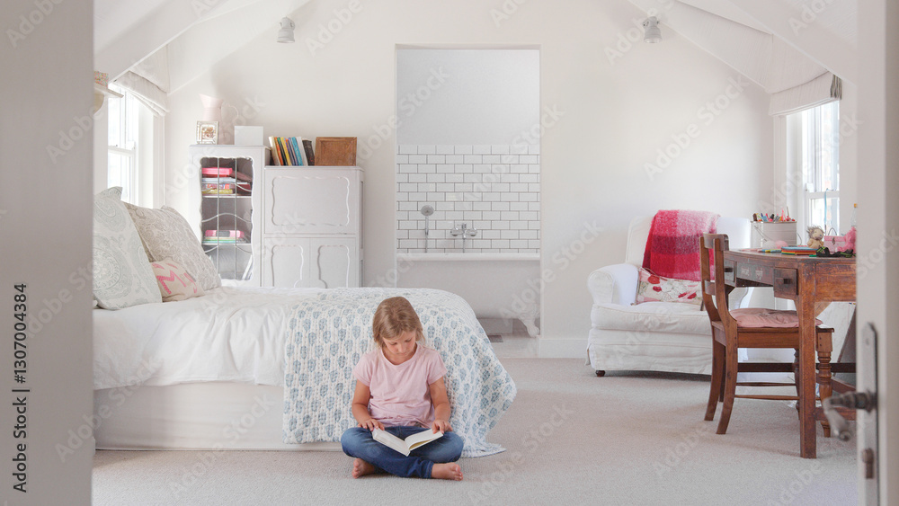 Young Girl Sitting On Floor In Cool Bedroom Reading Book Young Girl Sitting On Floor In Cool Bedroom Reading Book