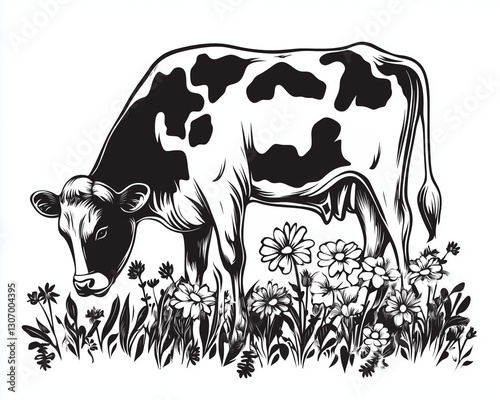 A gentle cow grazing in a serene meadow with wildflowers, engraving and scratch board style sketch, black and white illustration