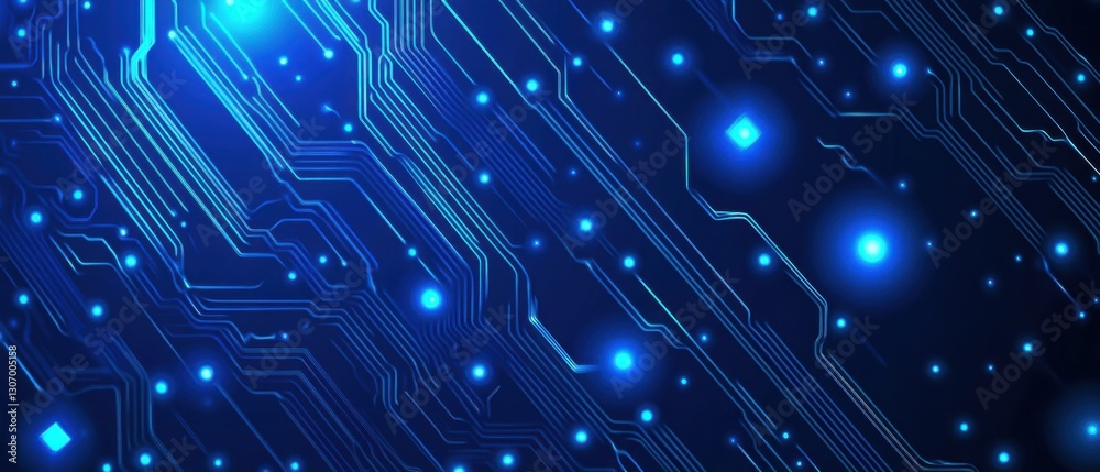 Glowing blue circuit board pattern background with data flow, representing technology, connectivity, and futuristic innovation Glowing blue circuit board pattern background with data flow, representing technology, connectivity, and futuristic innovation