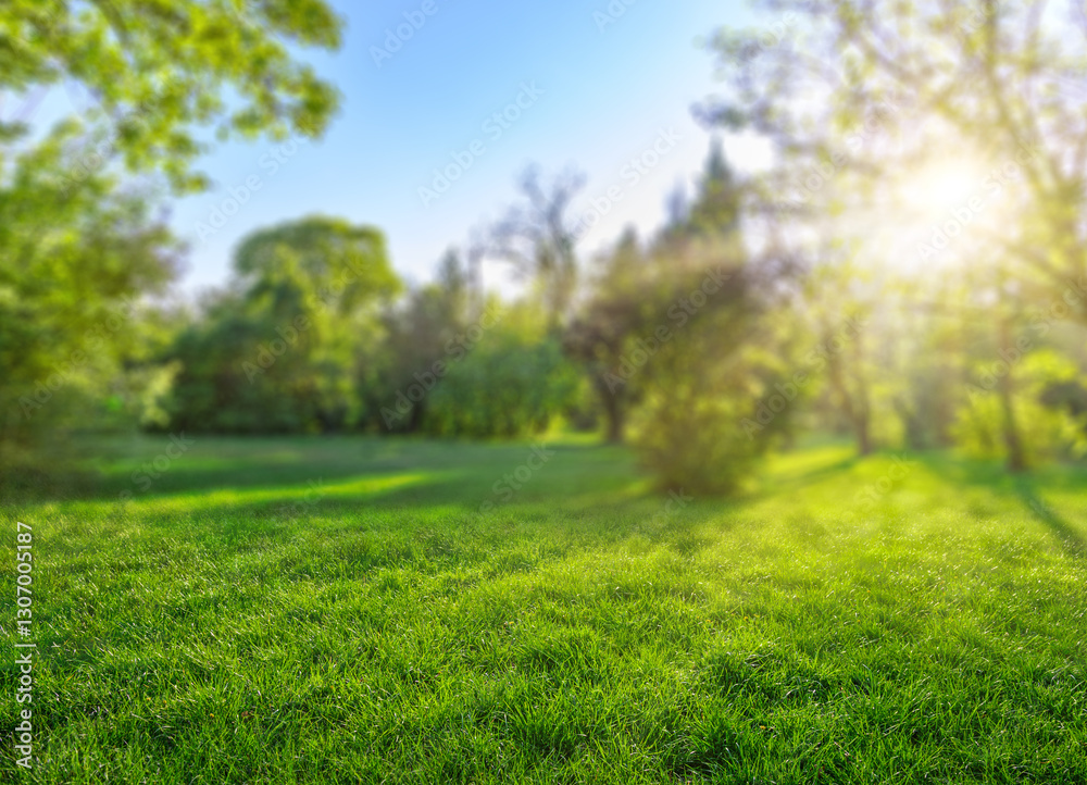 green natural background with sun rays and trees in spring park green natural background with sun rays and trees in spring park