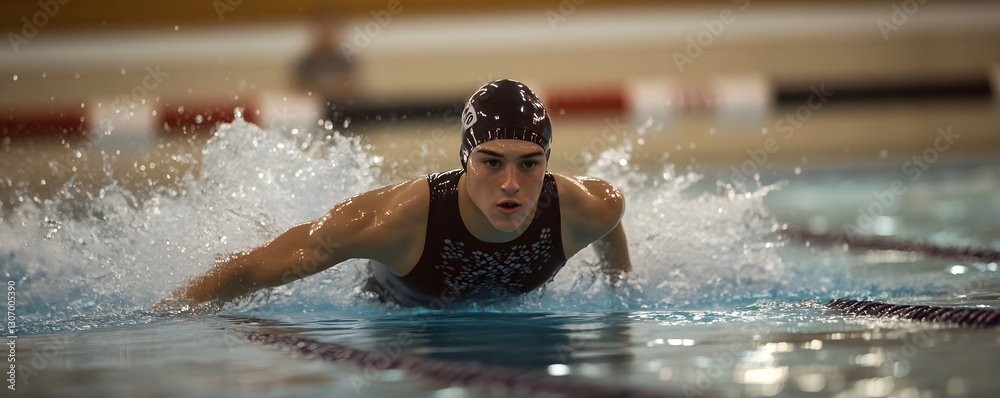 Fototapeta premium Swimmer intensely propels through a swimming pool doing butterfly stroke