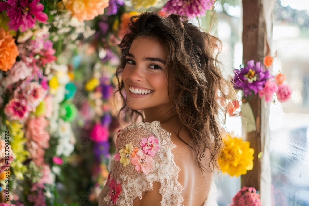 Obraz premium Enchanting Smile Amidst Blossoms: A radiant young woman with a captivating smile is embraced by a vibrant tapestry of colorful flowers, exuding joy and natural beauty.