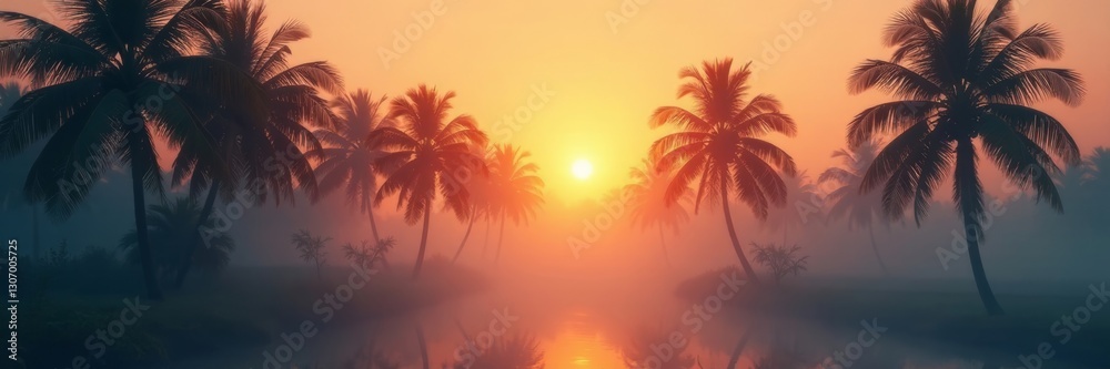 Misty palm silhouettes, translucent glass, warm backlighting , bokeh, backlight, serene Misty palm silhouettes, translucent glass, warm backlighting , bokeh, backlight, serene