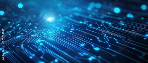 Glowing blue circuit board pattern, abstract technology background with electronic motherboard for digital innovation and artificial intelligence concept