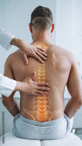 Back view of man receiving back examination, superimposed spinal column image highlights bone structure, showcasing medical diagnosis or treatment concept