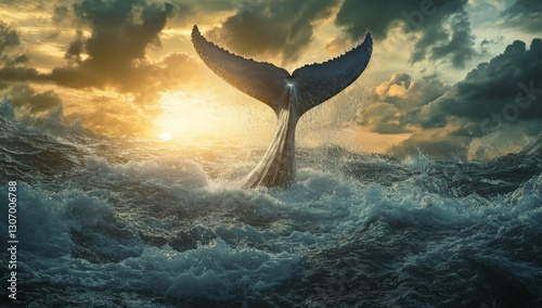 Wallpaper Mural Whale Tail Emerging from Ocean Waves at Sunrise Torontodigital.ca