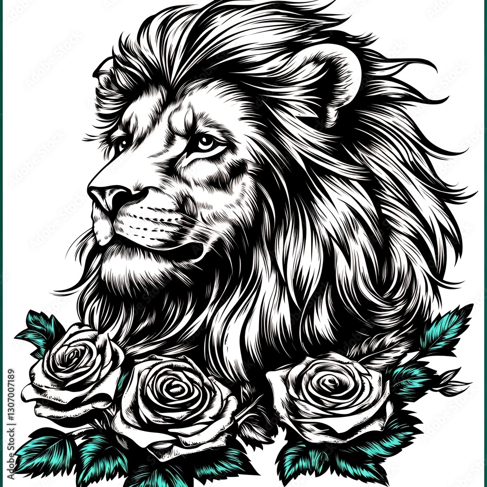 Obraz premium Majestic Lion Head Portrait with Roses Elegant Black and White Illustration
