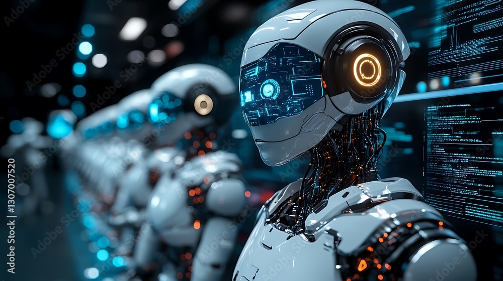 Futuristic timeline of AI driven robots virtual assistants and predictive analytics depicting AI trends