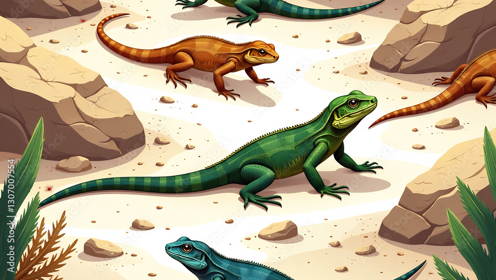Fototapeta premium Skittering Lizards on Desert Rocks - A seamless pattern of lizards darting across sun-baked desert stones.