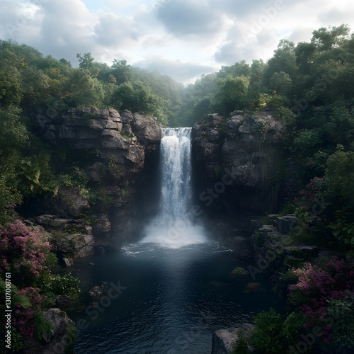 Lush jungle waterfall cascading into tranquil pool, misty background, idyllic travel poster