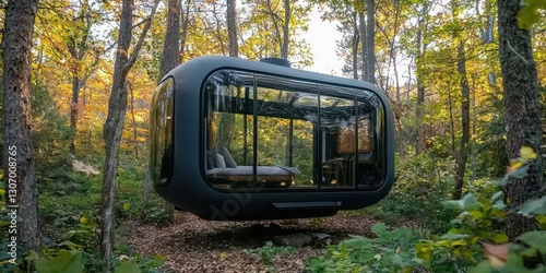 Hovering modern tiny home with glass walls, futuristic travel rental in nature