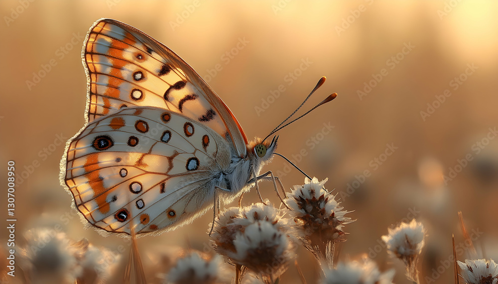 Fototapeta premium Closeup of a Butterfly on Flowers at Sunset