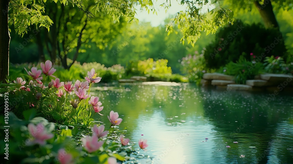 A tranquil pond surrounded by blooming spring flowers and lush greenery, peaceful and serene, ultra-detailed, 8k A tranquil pond surrounded by blooming spring flowers and lush greenery, peaceful and serene, ultra-detailed, 8k