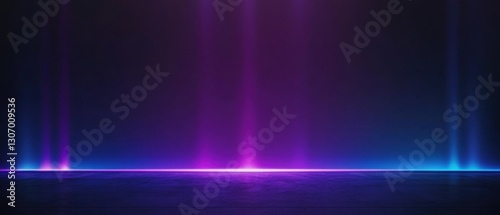 Abstract neon light beams in dark room with concrete floor, creating a futuristic stage or studio background with vibrant purple and blue colors
