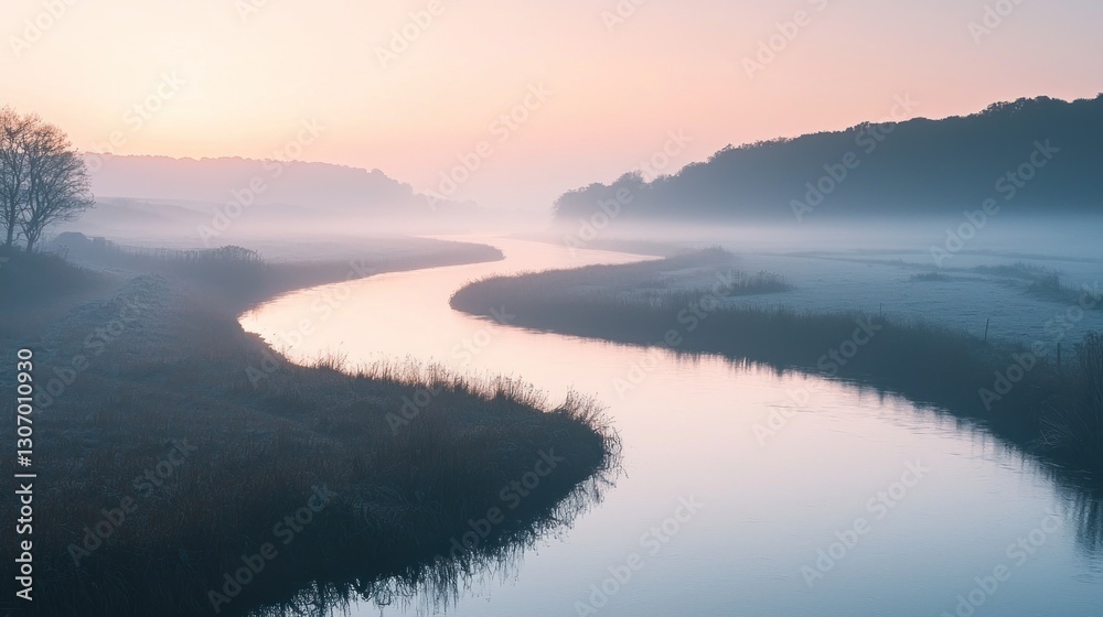 Fototapeta premium The winding river gently flows through misty green and pink landscapes