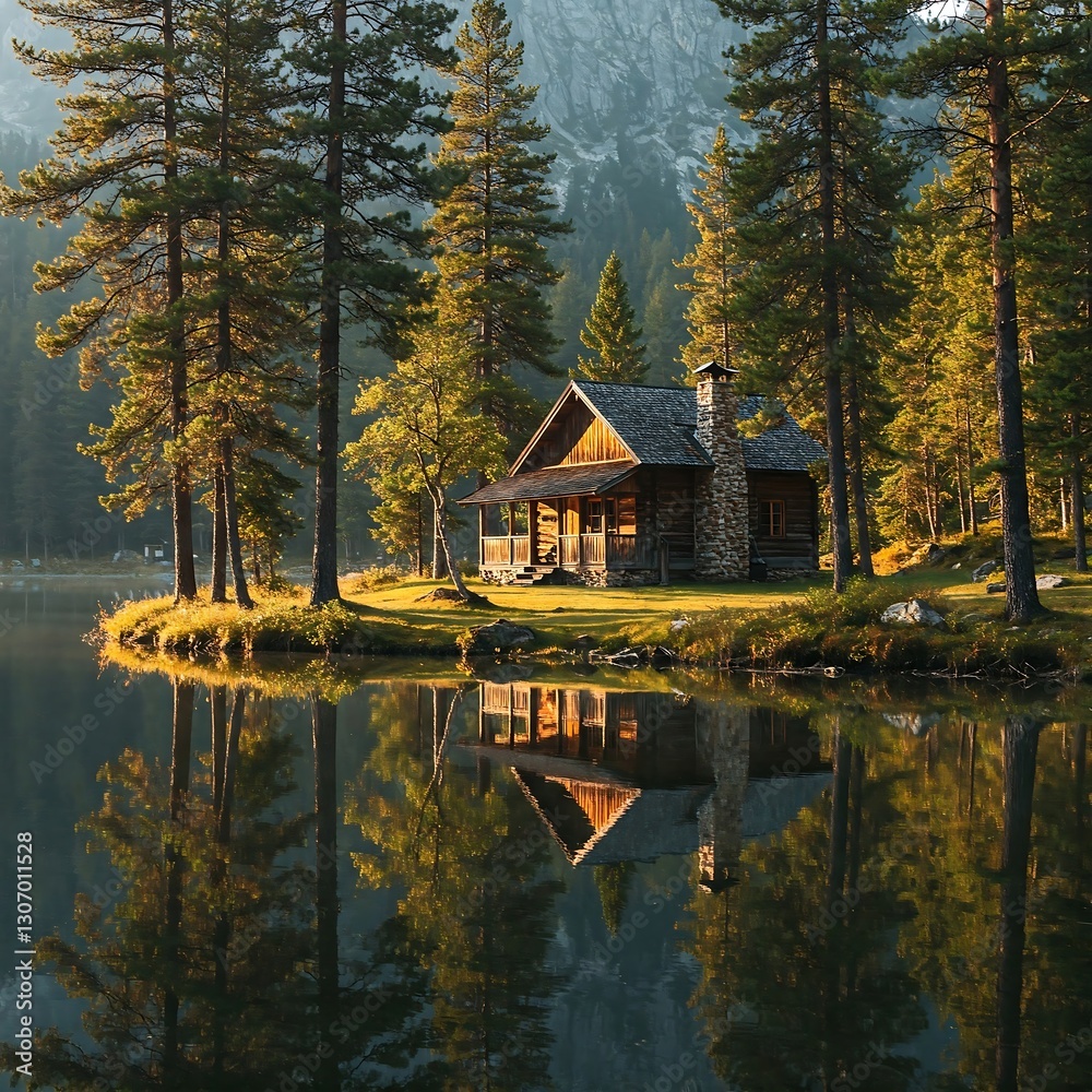 Obraz premium Rustic Timber Cabin Reflecting in a Calm Lake Surrounded by Pine Trees, Tranquil Landscape Photography