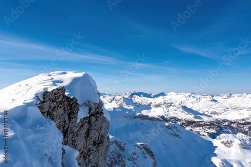 A stunning view of expansive snow-covered mountains under a bright blue sky, highlighting the pristine beauty and majesty of nature's snowy landscapes.