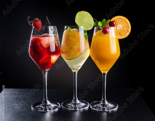 Wallpaper Mural Three wine glasses with colorful cocktails, garnished with lime, orange, mango, cherry, and strawberries, on a black background, vibrant, fruity, elegant, festive, fresh. Torontodigital.ca