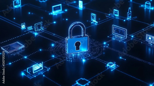 Lock icon connected to various device outlines highlighting the critical nature of IoT security