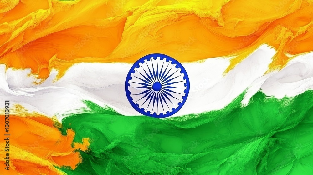 custom made wallpaper toronto digitalA waving flag of India with its saffron, white, and green, along with the Ashoka Chakra, vibrant and meaningful, ultra-detailed, 4k