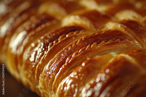 Golden-brown, glazed croissant with buttery layers; its glossy topping drips enticingly to one side, revealing delicate flakiness and inviting warmth