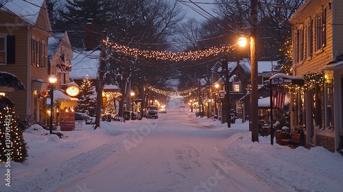 Snowy Christmas street scene at night with lights.
