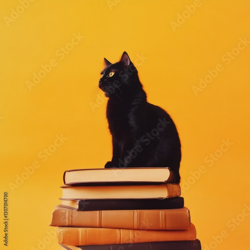 Literary Cat: A sleek black cat perched atop a stack of books against a vivid orange backdrop, radiating an air of scholarly contemplation.