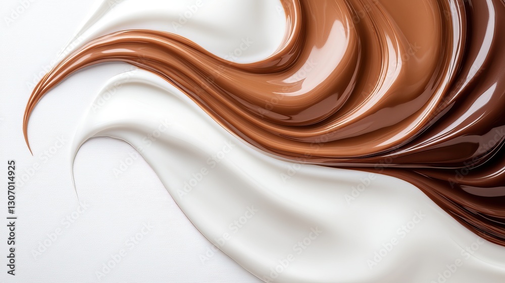 A smooth swirl of chocolate and cream colors on a textured white background, creating an elegant and appetizing visual effect. A smooth swirl of chocolate and cream colors on a textured white background, creating an elegant and appetizing visual effect.