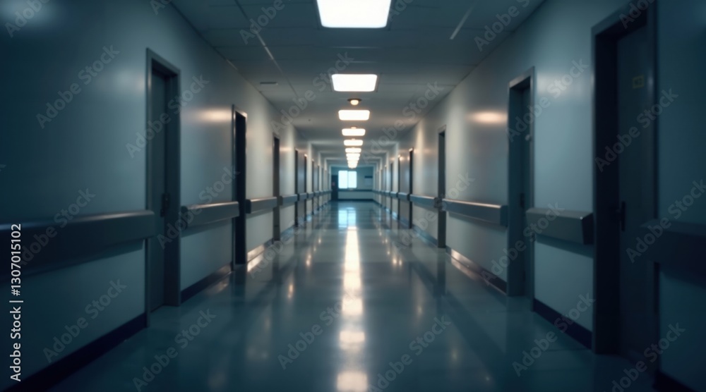 Blurred background of a long hallway with light coming through the doors, hospital interior, hospital lighting, empty hallway, hospital ward, clean medical environment, professional photo. Blurred background of a long hallway with light coming through the doors, hospital interior, hospital lighting, empty hallway, hospital ward, clean medical environment, professional photo.